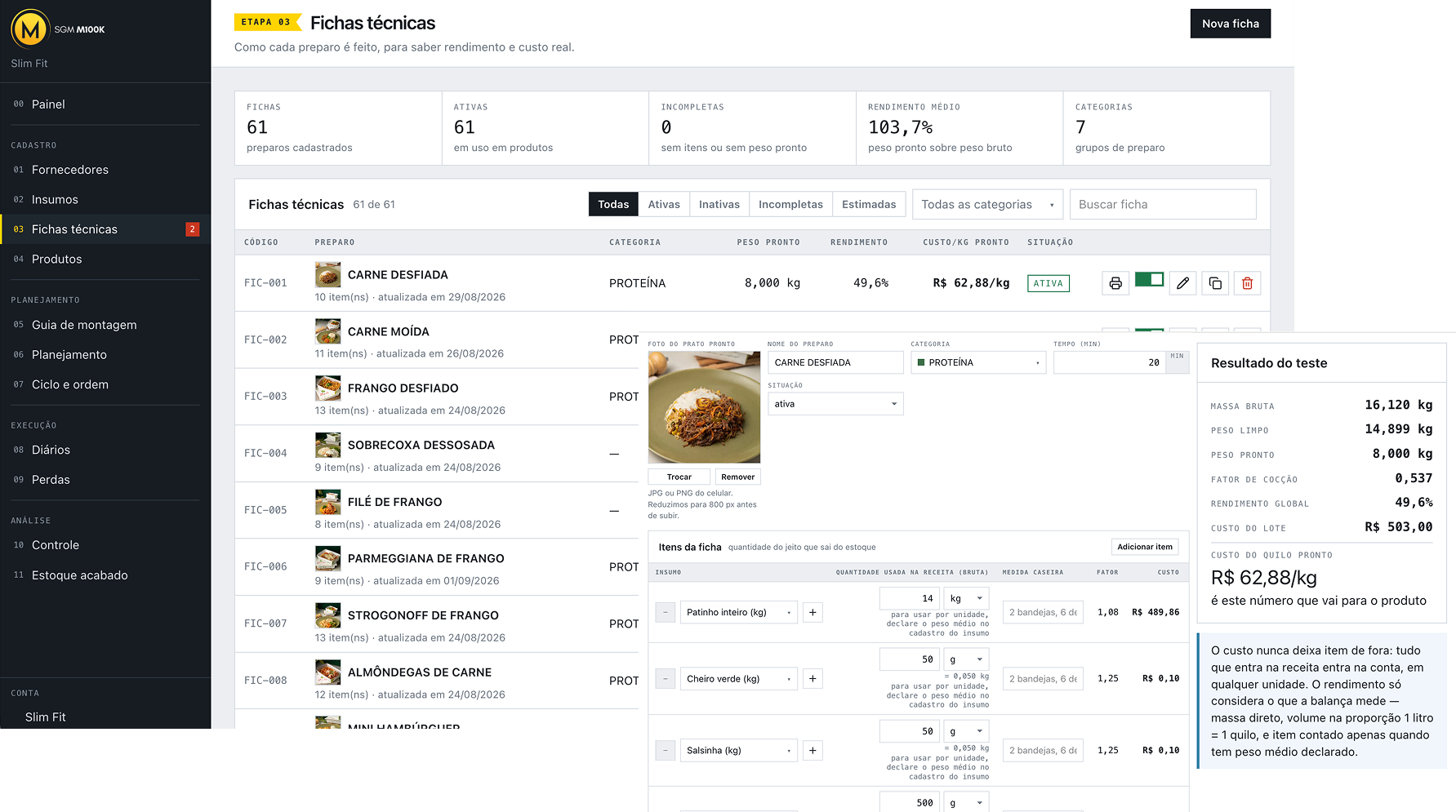 Fichas técnicas com rendimento e custo do quilo pronto no SGM Marmitaria 100k